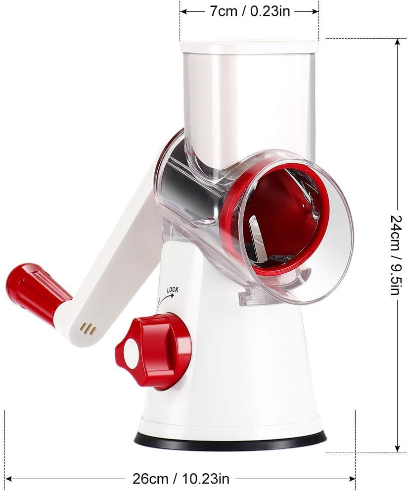 Effortless Food Prep with the Rotary Hand Crank Cheese Grater - Versatile Kitchen Shredder with 3 Blades in Stylish White and Red