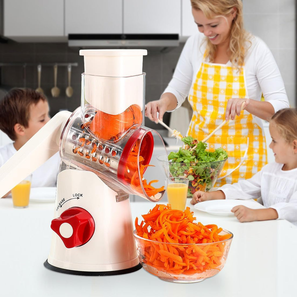 Effortless Food Prep with the Rotary Hand Crank Cheese Grater - Versatile Kitchen Shredder with 3 Blades in Stylish White and Red