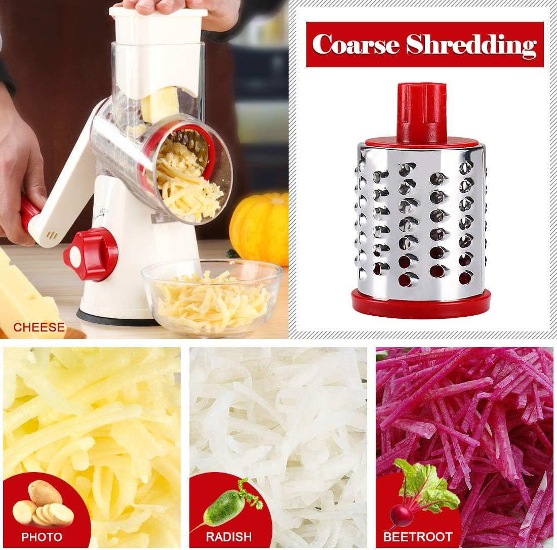 Effortless Food Prep with the Rotary Hand Crank Cheese Grater - Versatile Kitchen Shredder with 3 Blades in Stylish White and Red