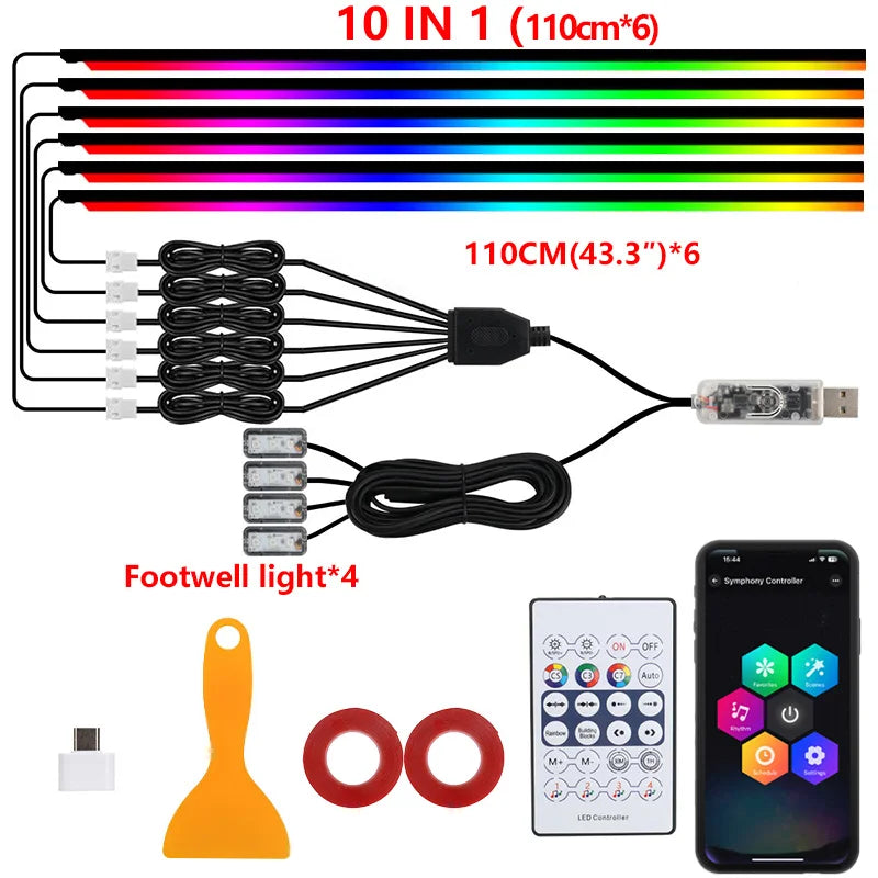 Transform Your Drive: 10-in-1 RGB LED Car Ambient Light Strip with USB and App Control for a Dreamy Atmosphere