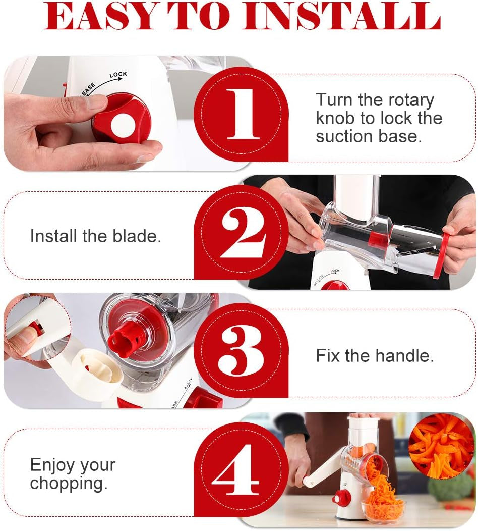 Effortless Food Prep with the Rotary Hand Crank Cheese Grater - Versatile Kitchen Shredder with 3 Blades in Stylish White and Red