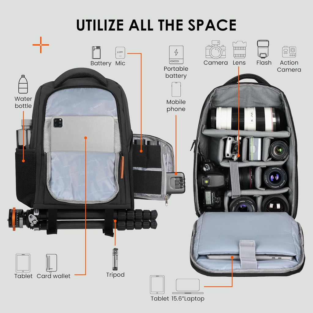 Ultimate Professional Camera Backpack for Photographers - 15.6" Laptop Compartment, Quick Side Access, Anti-Theft Pocket, Tripod Holder & Rain Cover - TB04 Black