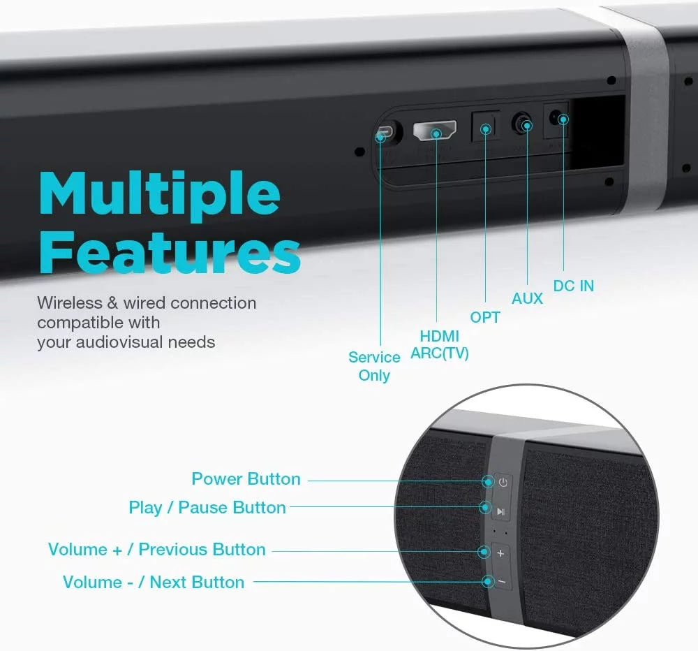 Transform Your Home Audio Experience with Our 50W Bluetooth Sound Bar – Versatile 2.0 Stereo System with Remote Control and Multiple Connectivity Options