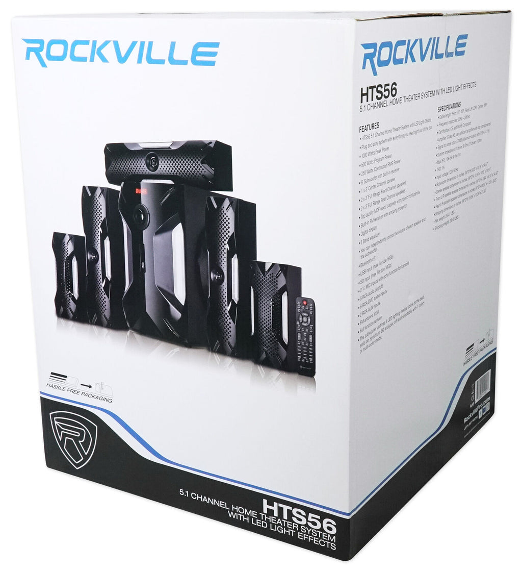 Rockville HTS56 1000W 5.1 Channel Home Theater System with Bluetooth and USB - Unleash the Power of Surround Sound!