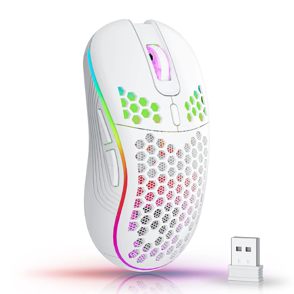 2.4G Wireless Mouse with RGB Backlit 6-button 3-speed DPI Type C Rechargeable Ergonomic Honeycomb Design Gaming Mouse - Color: white