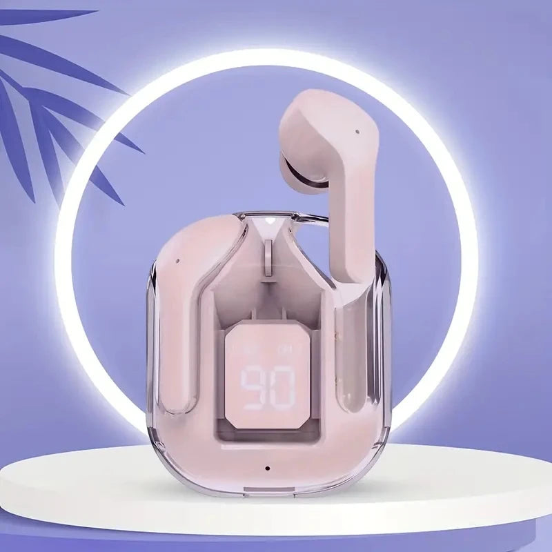 Original T2 Wireless Bluetooth Earphone Transparent HIFI Headphones LED Power Digital Display Stereo Sound Earphones for Xiaomi - Color: Pink