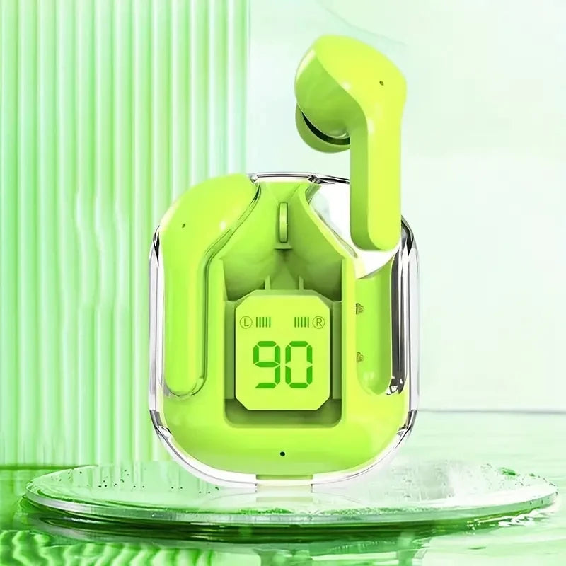 Original T2 Wireless Bluetooth Earphone Transparent HIFI Headphones LED Power Digital Display Stereo Sound Earphones for Xiaomi - Color: green