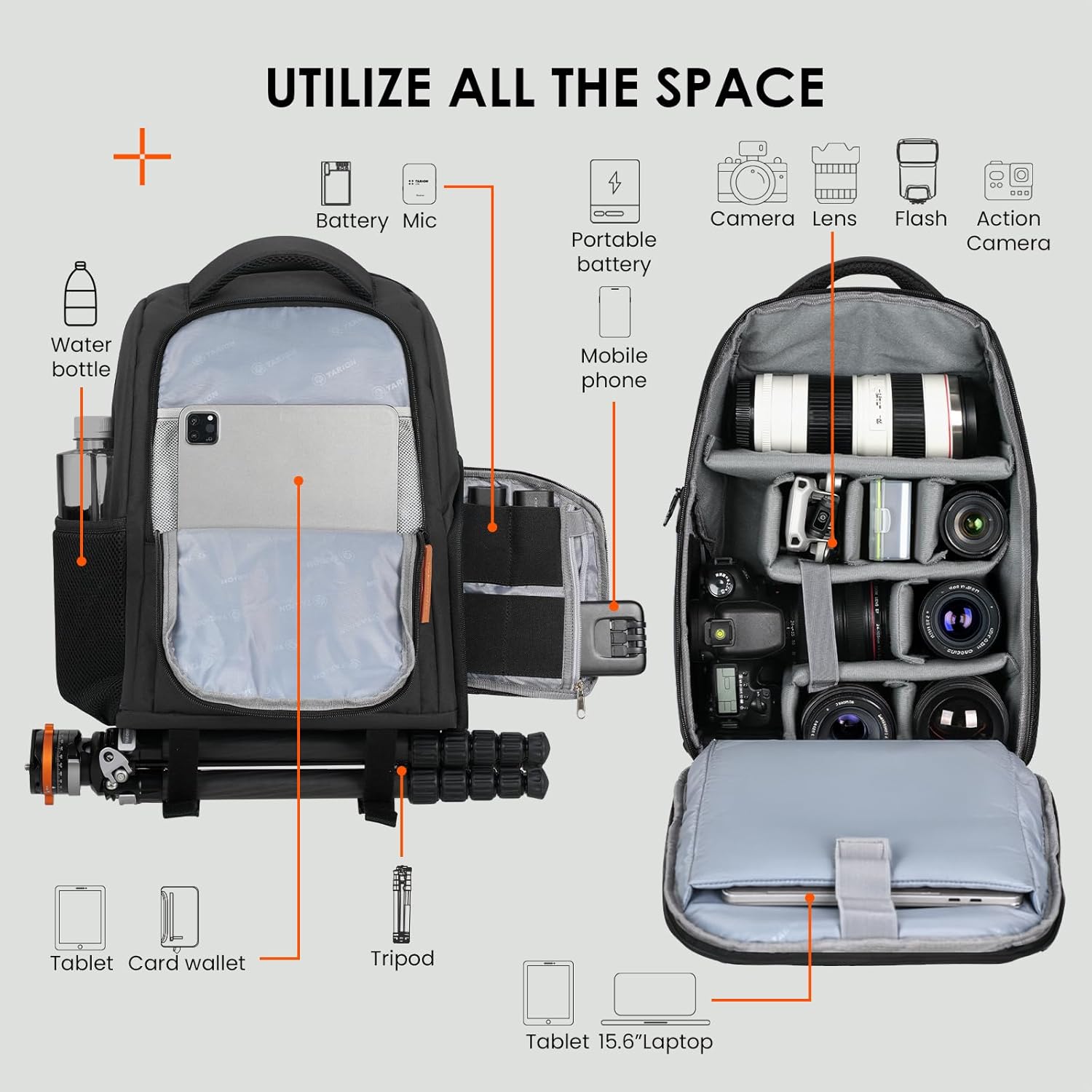 TARION Camera Backpack for Photographers - Compact Camera Bag with 15.6 Inch Laptop Compartment - Side Access Quick Draw - Anti-theft Hidden Pocket Tripod Holder Rain Cover - TB04 Black