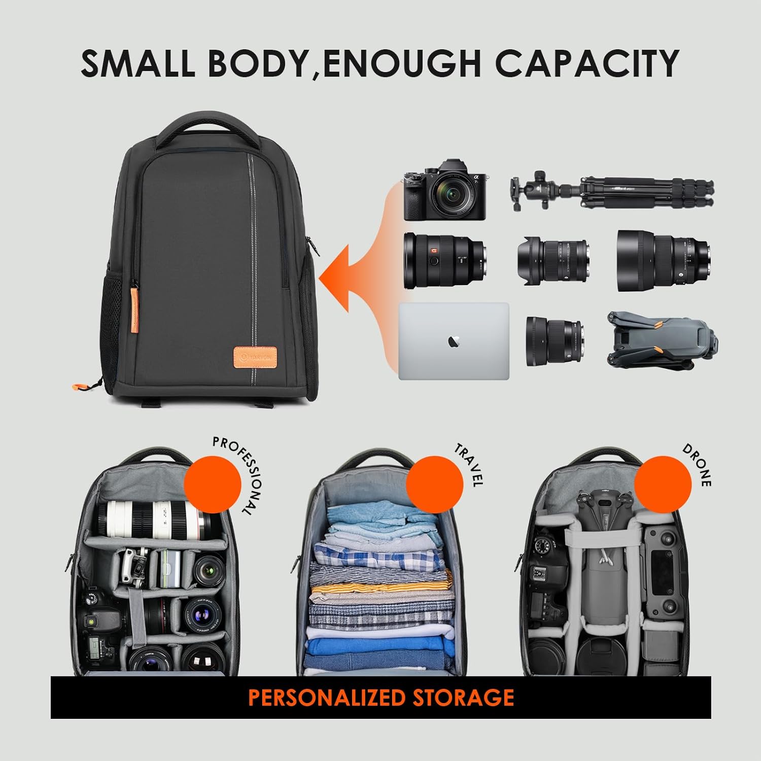 TARION Camera Backpack for Photographers - Compact Camera Bag with 15.6 Inch Laptop Compartment - Side Access Quick Draw - Anti-theft Hidden Pocket Tripod Holder Rain Cover - TB04 Black
