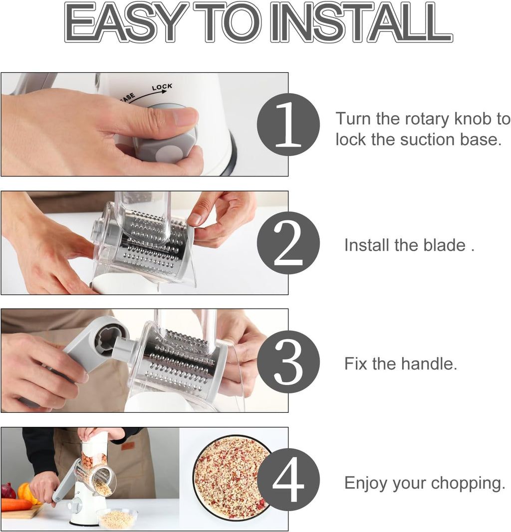 Ourokhome Rotary Cheese Grater Hand Crank, Kitchen Shredder Speed Mandolin Slicer Nuts Grinder with Handle and Drum Blades for Cheese, Vegetable, Walnuts, Chocolate, Potato, Carrot, 3 Blades, White