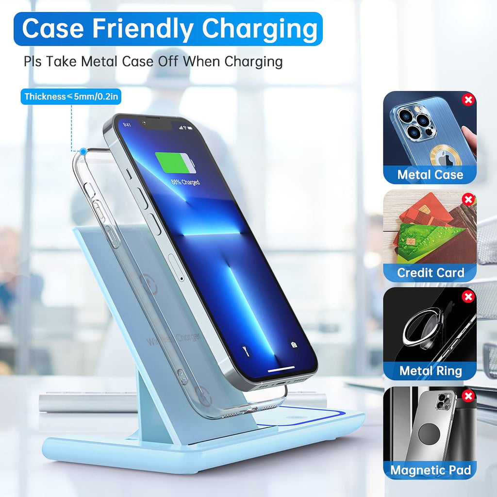 Cshiworld Wireless Charger for iPhone Multiple Devices, 18w 3 in 1 Wireless iPhone Charging Station for iPhone 17 16e 15 14 13 12 11 Pro Max, iWatch 11 10 9 8 7 6 5 4 3 SE, AirPods 4 3 2 Pro (Blue)