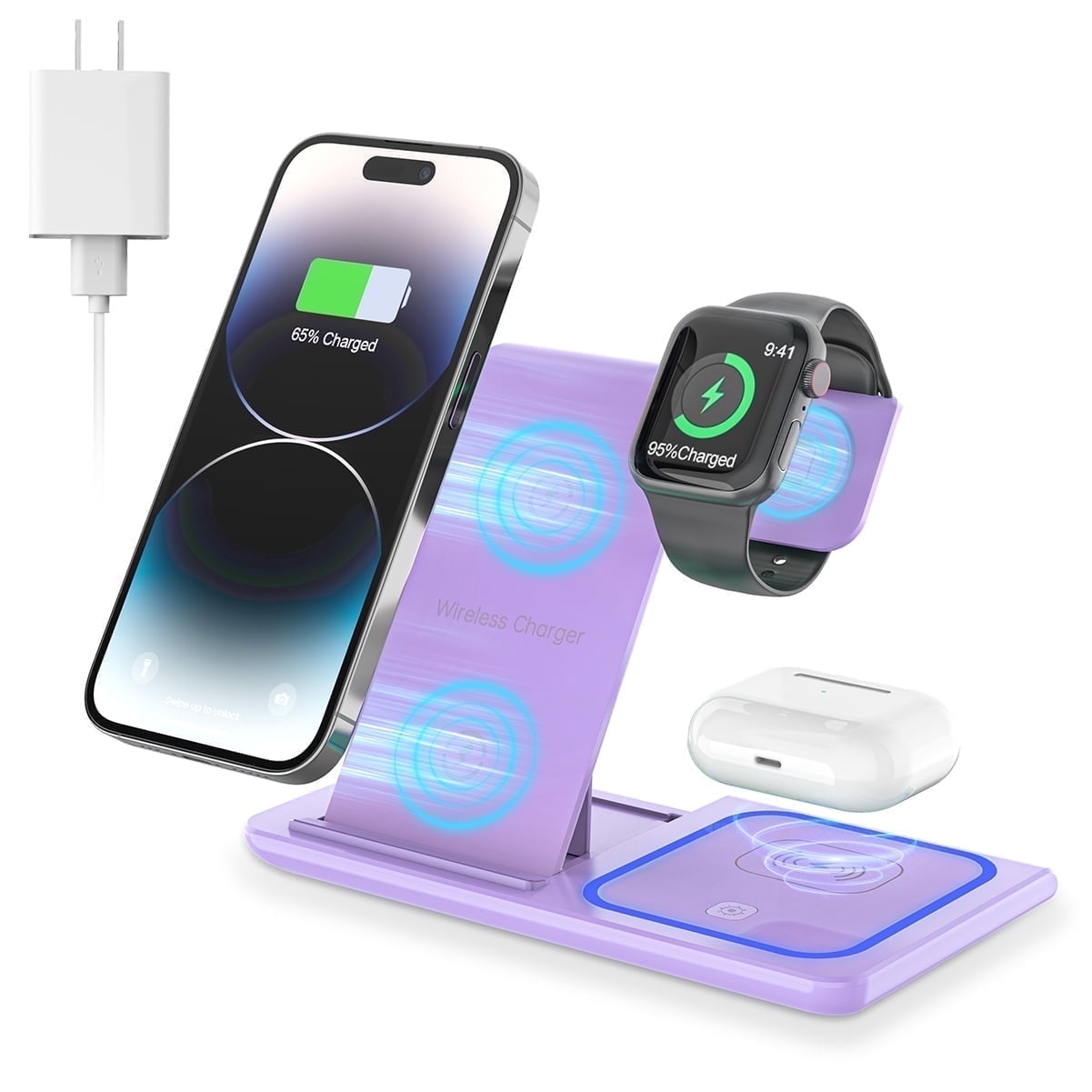 Cshiworld Wireless Charger for iPhone Multiple Devices, 18w 3 in 1 Wireless iPhone Charging Station for iPhone 17 16e 15 14 13 12 11 Pro Max, iWatch 11 10 9 8 7 6 5 4 3 SE, AirPods 4 3 2 Pro (Blue) - actual_color: purple