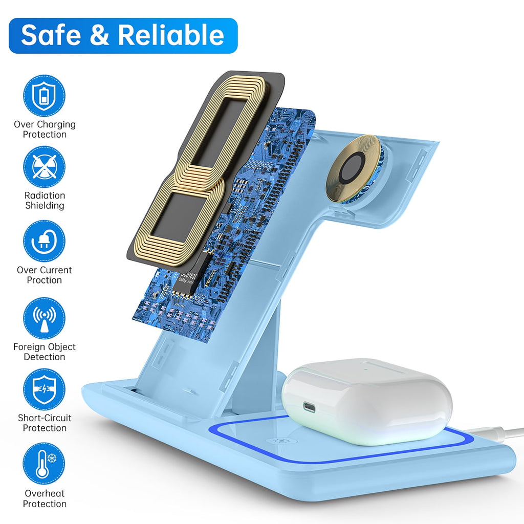 Cshiworld Wireless Charger for iPhone Multiple Devices, 18w 3 in 1 Wireless iPhone Charging Station for iPhone 17 16e 15 14 13 12 11 Pro Max, iWatch 11 10 9 8 7 6 5 4 3 SE, AirPods 4 3 2 Pro (Blue)