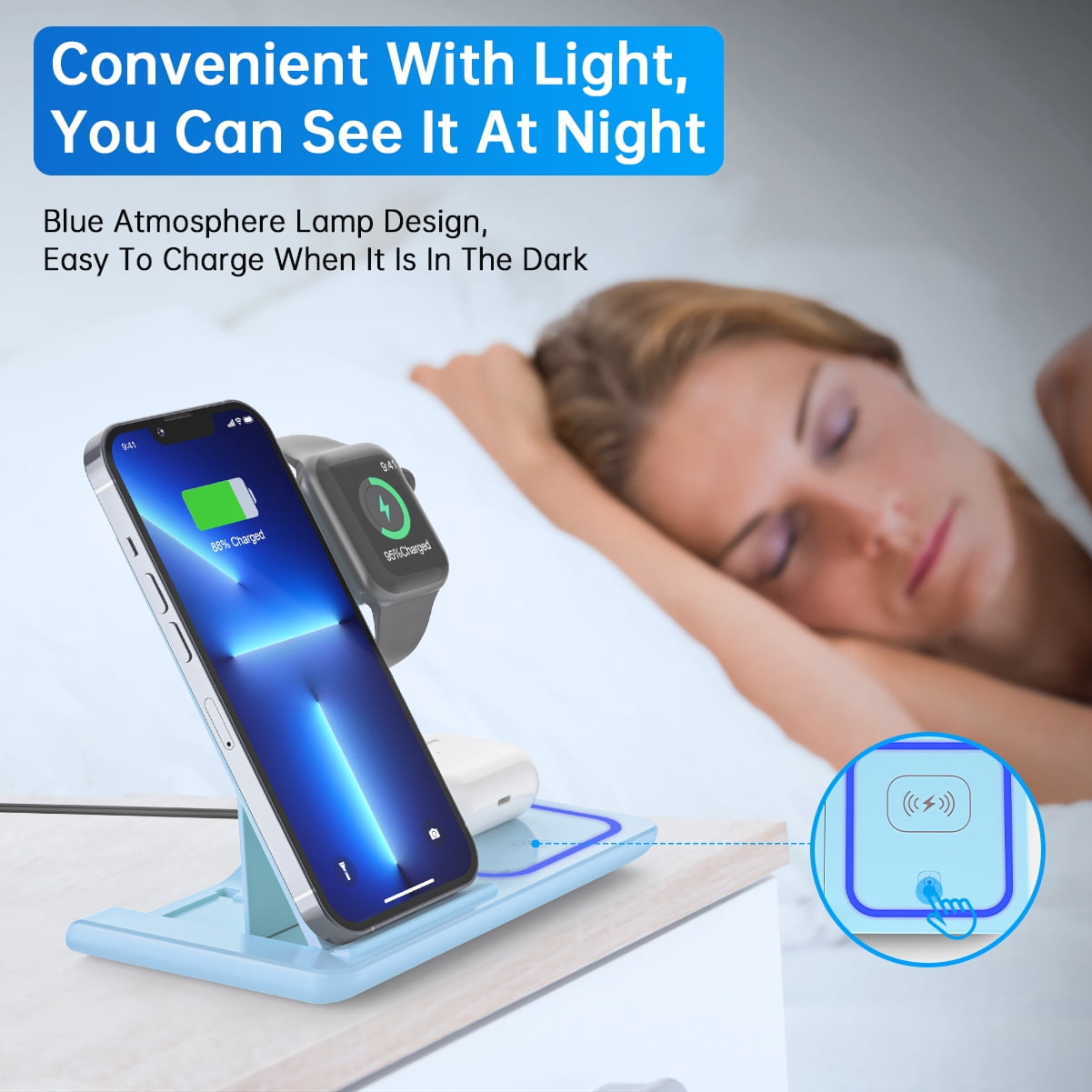 Cshiworld Wireless Charger for iPhone Multiple Devices, 18w 3 in 1 Wireless iPhone Charging Station for iPhone 17 16e 15 14 13 12 11 Pro Max, iWatch 11 10 9 8 7 6 5 4 3 SE, AirPods 4 3 2 Pro (Blue)