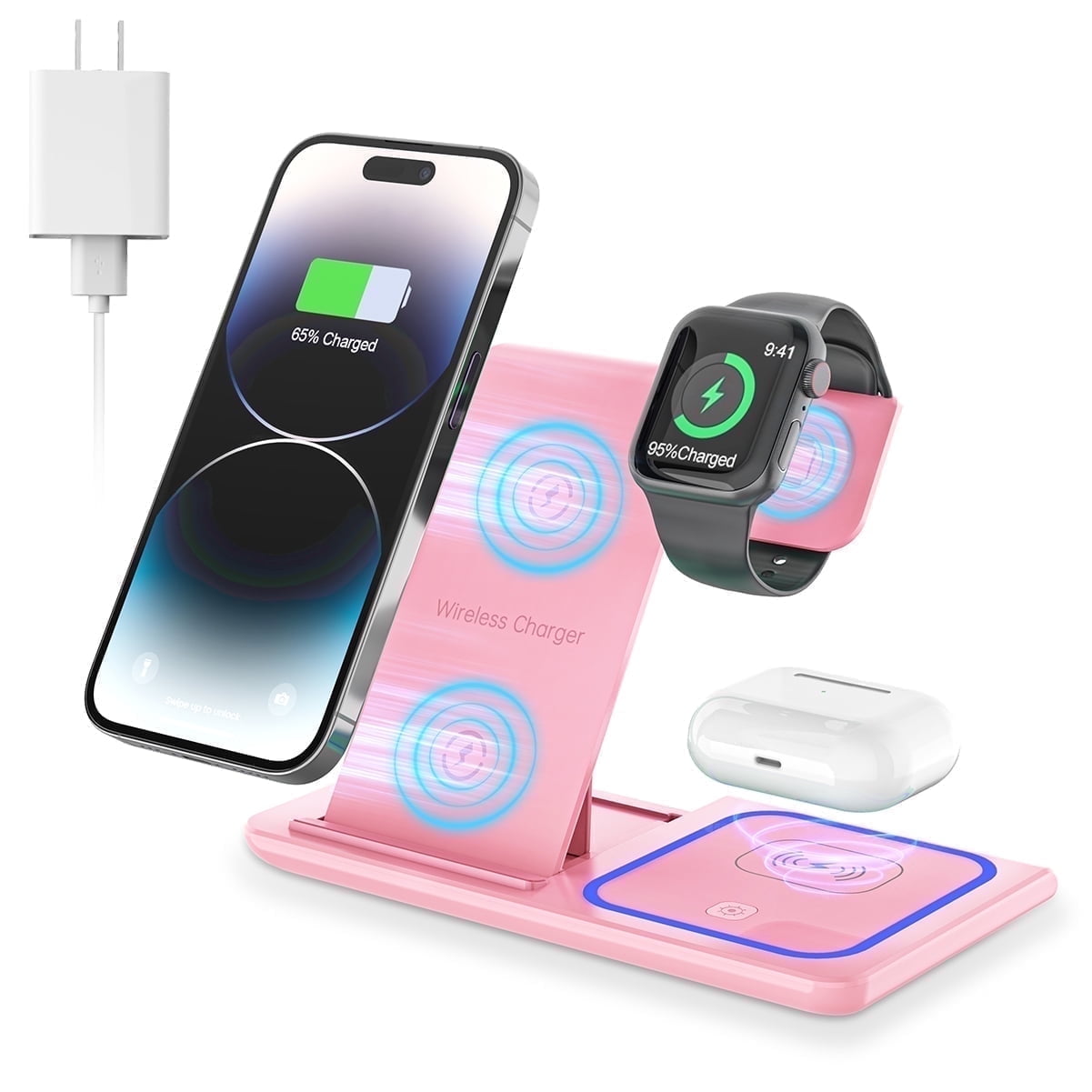 Cshiworld Wireless Charger for iPhone Multiple Devices, 18w 3 in 1 Wireless iPhone Charging Station for iPhone 17 16e 15 14 13 12 11 Pro Max, iWatch 11 10 9 8 7 6 5 4 3 SE, AirPods 4 3 2 Pro (Blue) - actual_color: pink