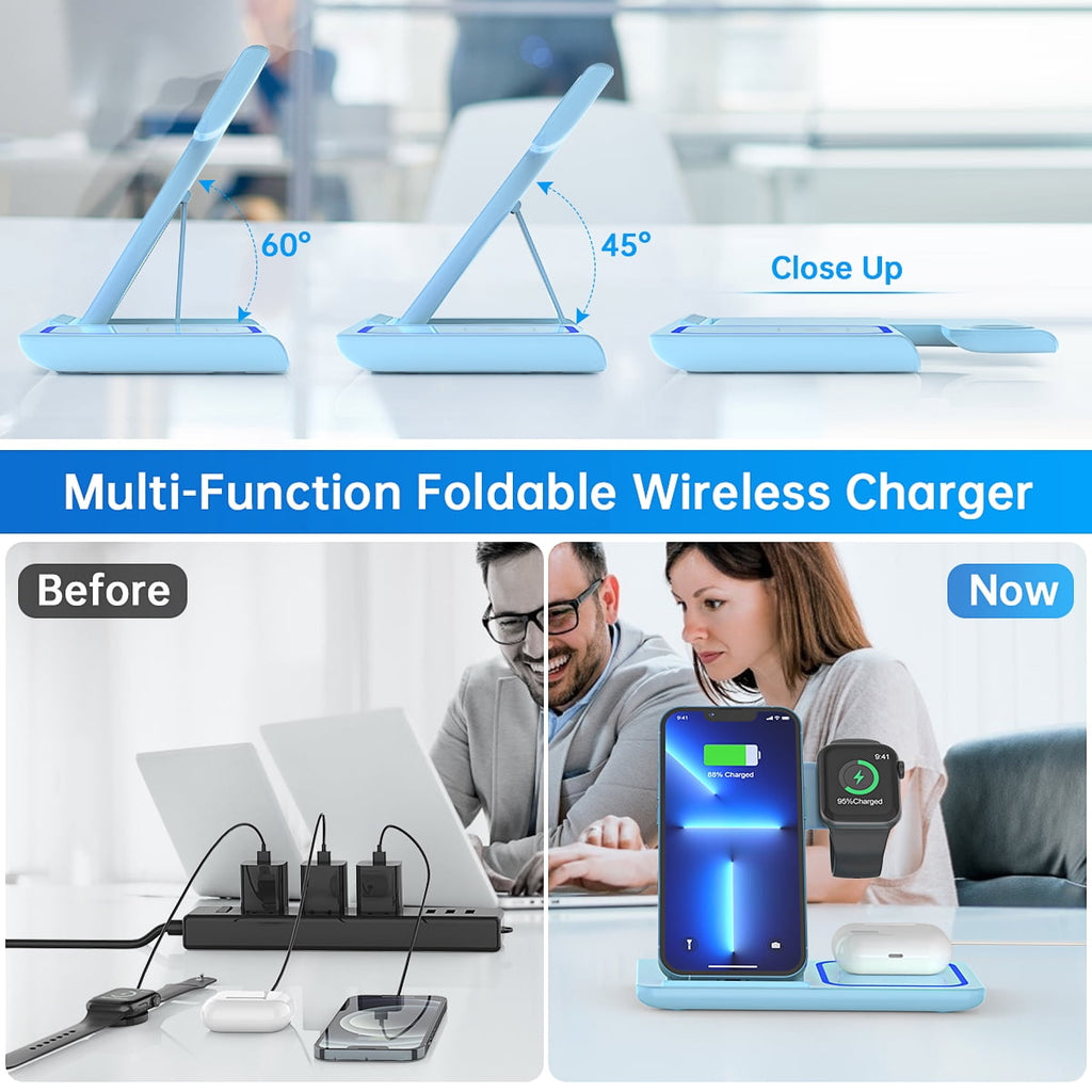 Cshiworld Wireless Charger for iPhone Multiple Devices, 18w 3 in 1 Wireless iPhone Charging Station for iPhone 17 16e 15 14 13 12 11 Pro Max, iWatch 11 10 9 8 7 6 5 4 3 SE, AirPods 4 3 2 Pro (Blue)