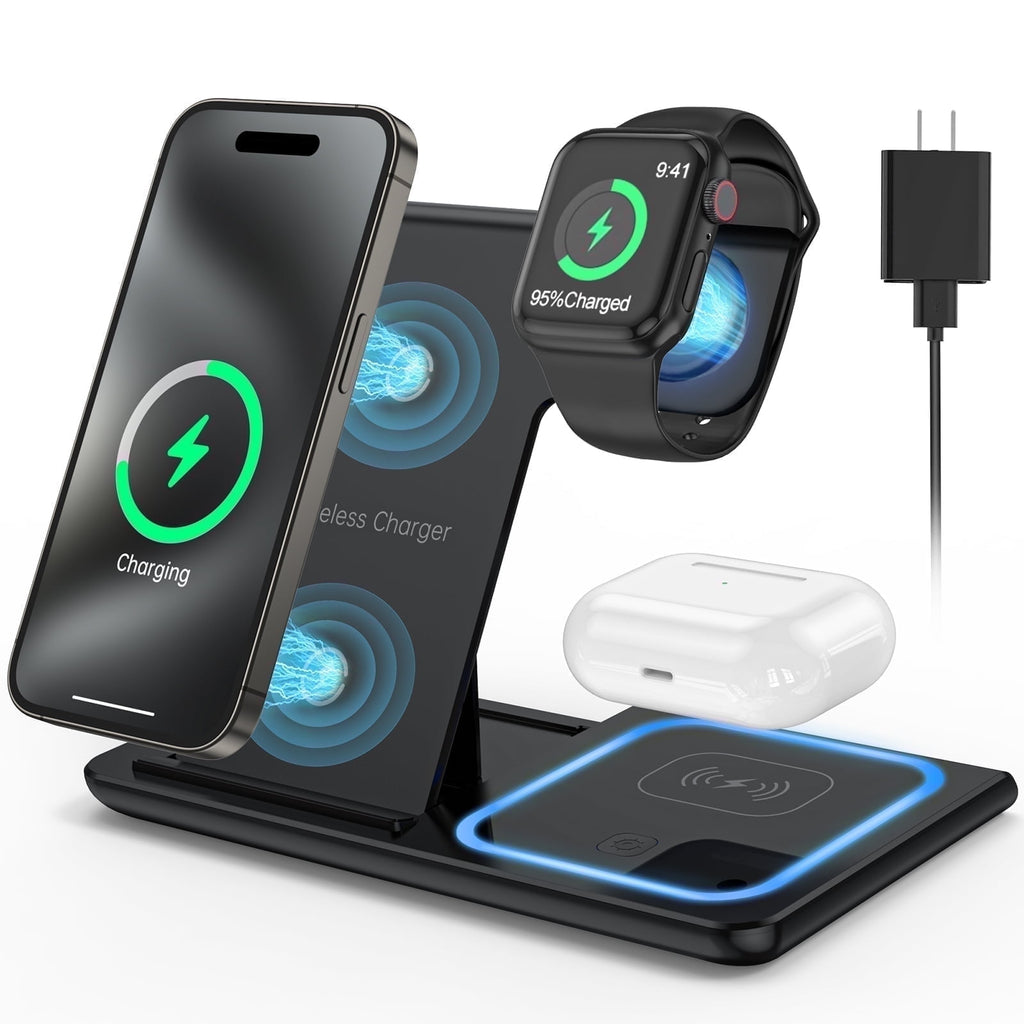 Cshiworld Wireless Charger for iPhone Multiple Devices, 18w 3 in 1 Wireless iPhone Charging Station for iPhone 17 16e 15 14 13 12 11 Pro Max, iWatch 11 10 9 8 7 6 5 4 3 SE, AirPods 4 3 2 Pro (Blue) - actual_color: black