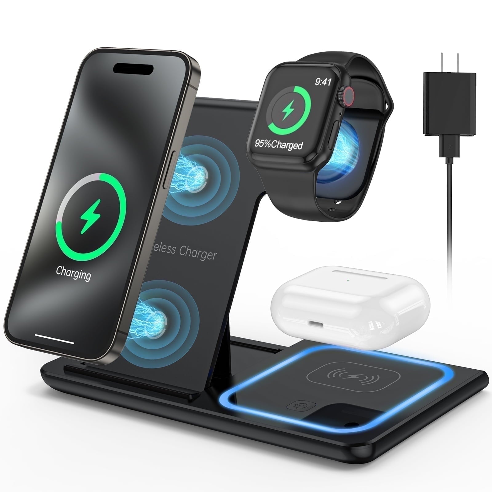 Cshiworld Wireless Charger for iPhone Multiple Devices, 18w 3 in 1 Wireless iPhone Charging Station for iPhone 17 16e 15 14 13 12 11 Pro Max, iWatch 11 10 9 8 7 6 5 4 3 SE, AirPods 4 3 2 Pro (Blue) - actual_color: black