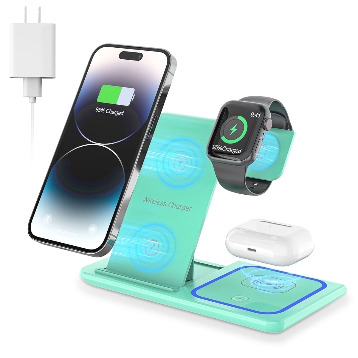 Cshiworld Wireless Charger for iPhone Multiple Devices, 18w 3 in 1 Wireless iPhone Charging Station for iPhone 17 16e 15 14 13 12 11 Pro Max, iWatch 11 10 9 8 7 6 5 4 3 SE, AirPods 4 3 2 Pro (Blue) - actual_color: green