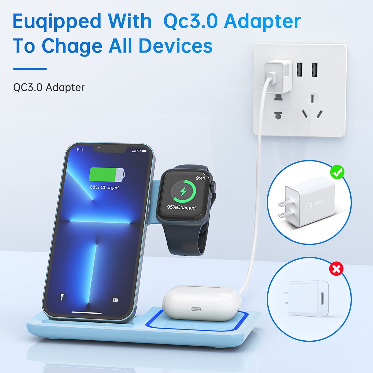 Cshiworld Wireless Charger for iPhone Multiple Devices, 18w 3 in 1 Wireless iPhone Charging Station for iPhone 17 16e 15 14 13 12 11 Pro Max, iWatch 11 10 9 8 7 6 5 4 3 SE, AirPods 4 3 2 Pro (Blue)