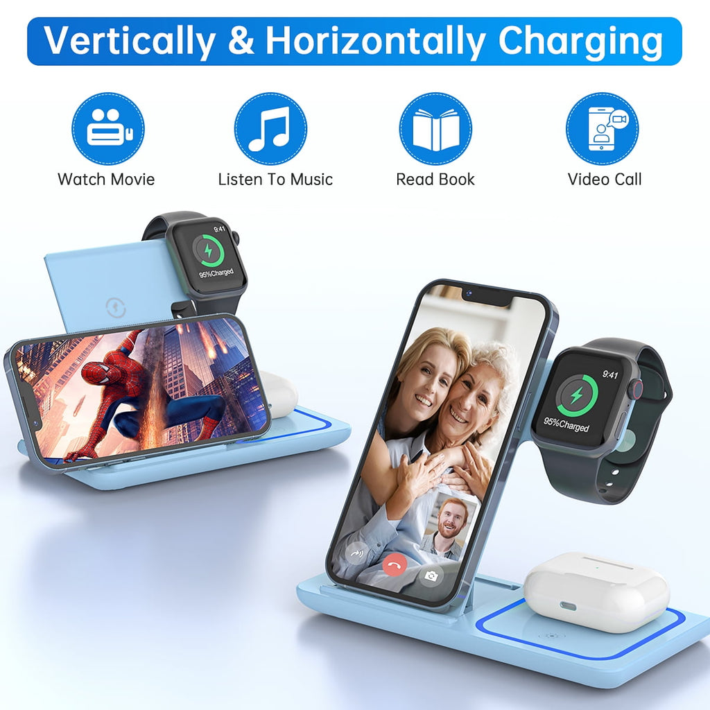 Cshiworld Wireless Charger for iPhone Multiple Devices, 18w 3 in 1 Wireless iPhone Charging Station for iPhone 17 16e 15 14 13 12 11 Pro Max, iWatch 11 10 9 8 7 6 5 4 3 SE, AirPods 4 3 2 Pro (Blue)