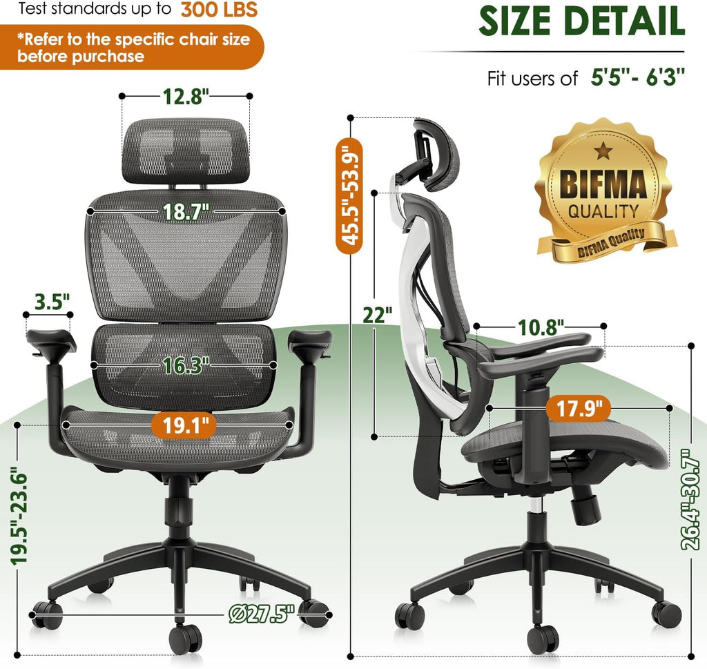 Ultimate Ergonomic Office Chair for Big and Tall - Mesh Design with Double Lumbar Support, 3D Rotating Armrests, Adjustable Headrest & Soft Cooling Seat - Supports Up to 350LBS for Work and Gaming in Grey