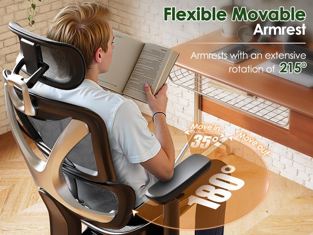 Ultimate Ergonomic Office Chair for Big and Tall - Mesh Design with Double Lumbar Support, 3D Rotating Armrests, Adjustable Headrest & Soft Cooling Seat - Supports Up to 350LBS for Work and Gaming in Grey