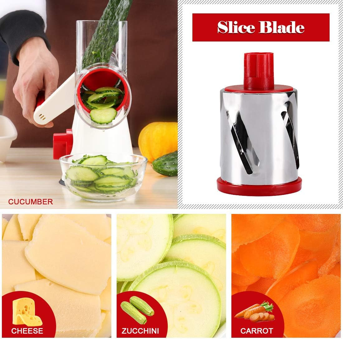 Effortless Food Prep with the Rotary Hand Crank Cheese Grater - Versatile Kitchen Shredder with 3 Blades in Stylish White and Red