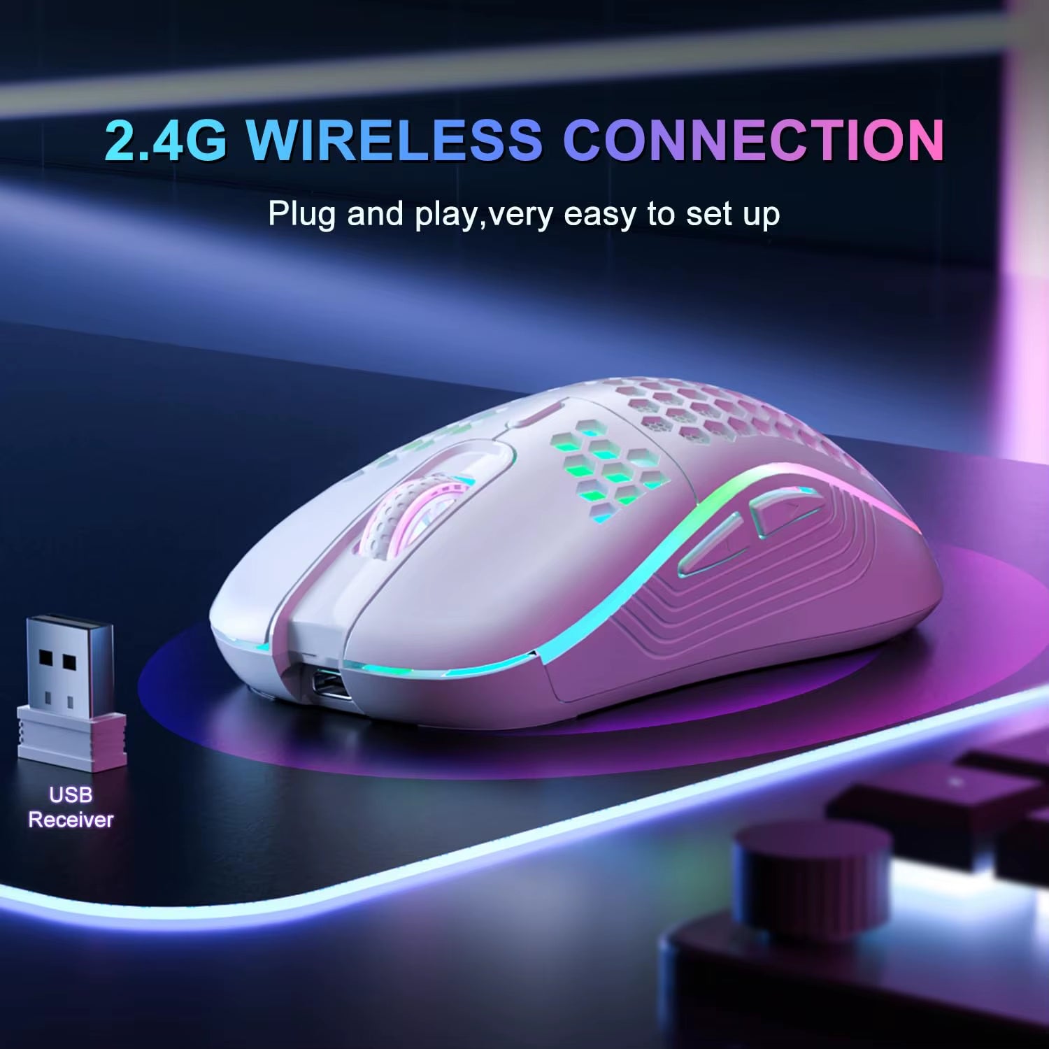 Elevate Your Gaming Experience with the 2.4GHz Wireless RGB Backlit Ergonomic Gaming Mouse - 6 Buttons, 3-Speed DPI, Type-C Rechargeable, and Stylish Honeycomb Design