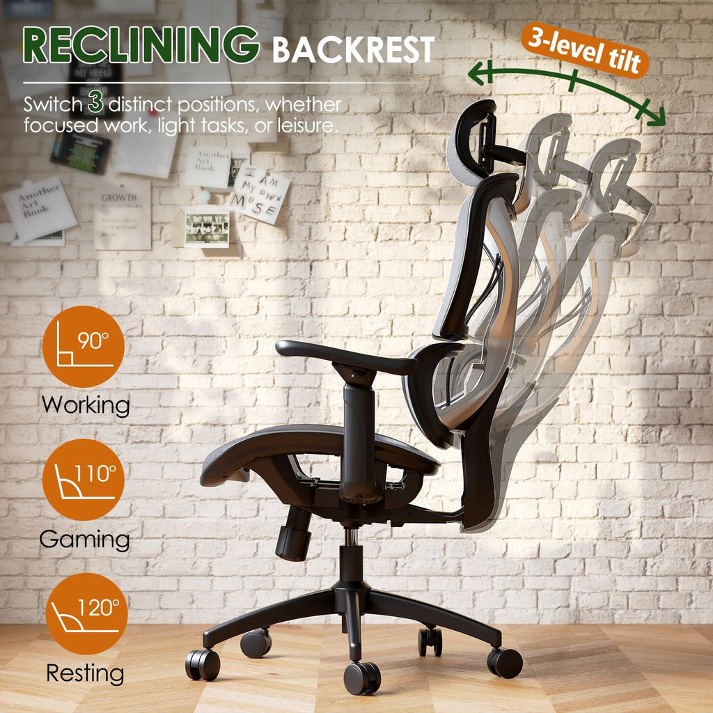 Ultimate Ergonomic Office Chair for Big and Tall - Mesh Design with Double Lumbar Support, 3D Rotating Armrests, Adjustable Headrest & Soft Cooling Seat - Supports Up to 350LBS for Work and Gaming in Grey