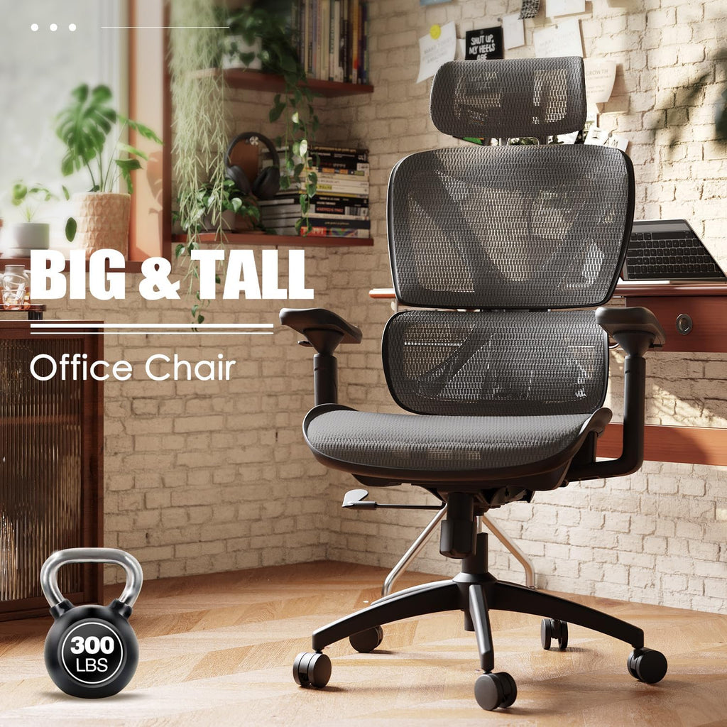Ultimate Ergonomic Office Chair for Big and Tall - Mesh Design with Double Lumbar Support, 3D Rotating Armrests, Adjustable Headrest & Soft Cooling Seat - Supports Up to 350LBS for Work and Gaming in Grey
