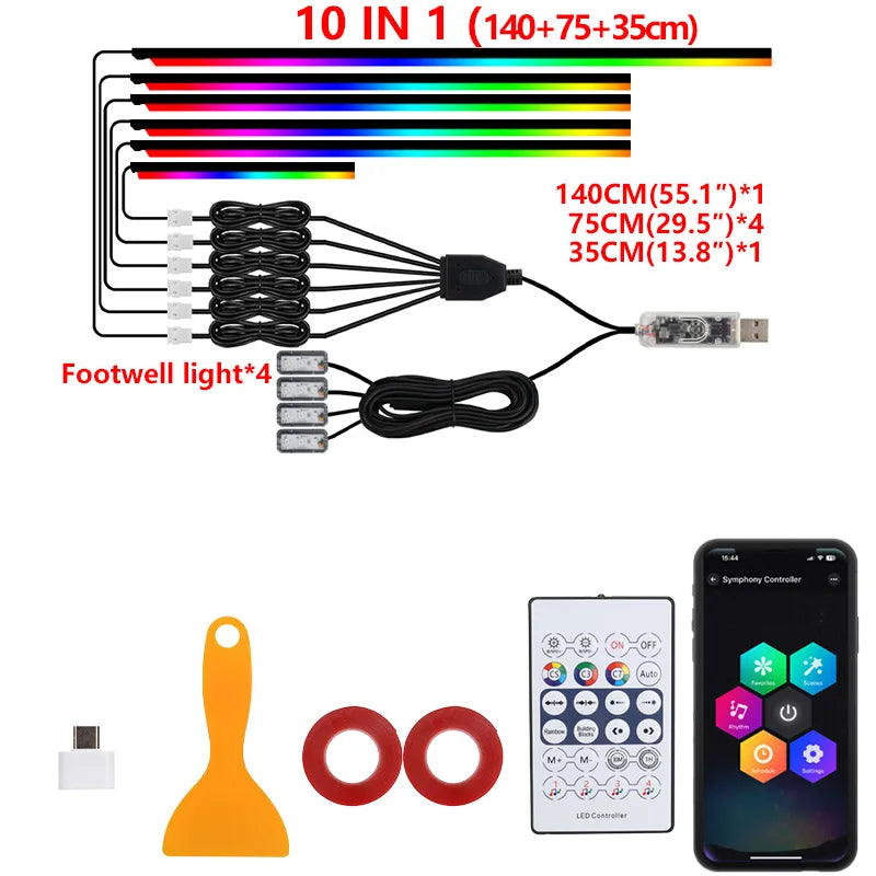 Transform Your Drive: 10-in-1 RGB LED Car Ambient Light Strip with USB and App Control for a Dreamy Atmosphere