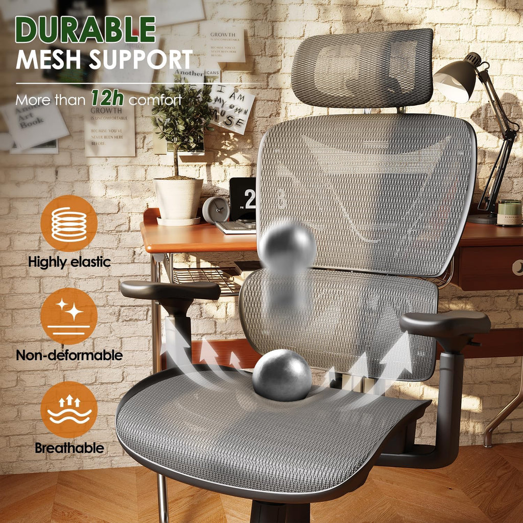 Ultimate Ergonomic Office Chair for Big and Tall - Mesh Design with Double Lumbar Support, 3D Rotating Armrests, Adjustable Headrest & Soft Cooling Seat - Supports Up to 350LBS for Work and Gaming in Grey