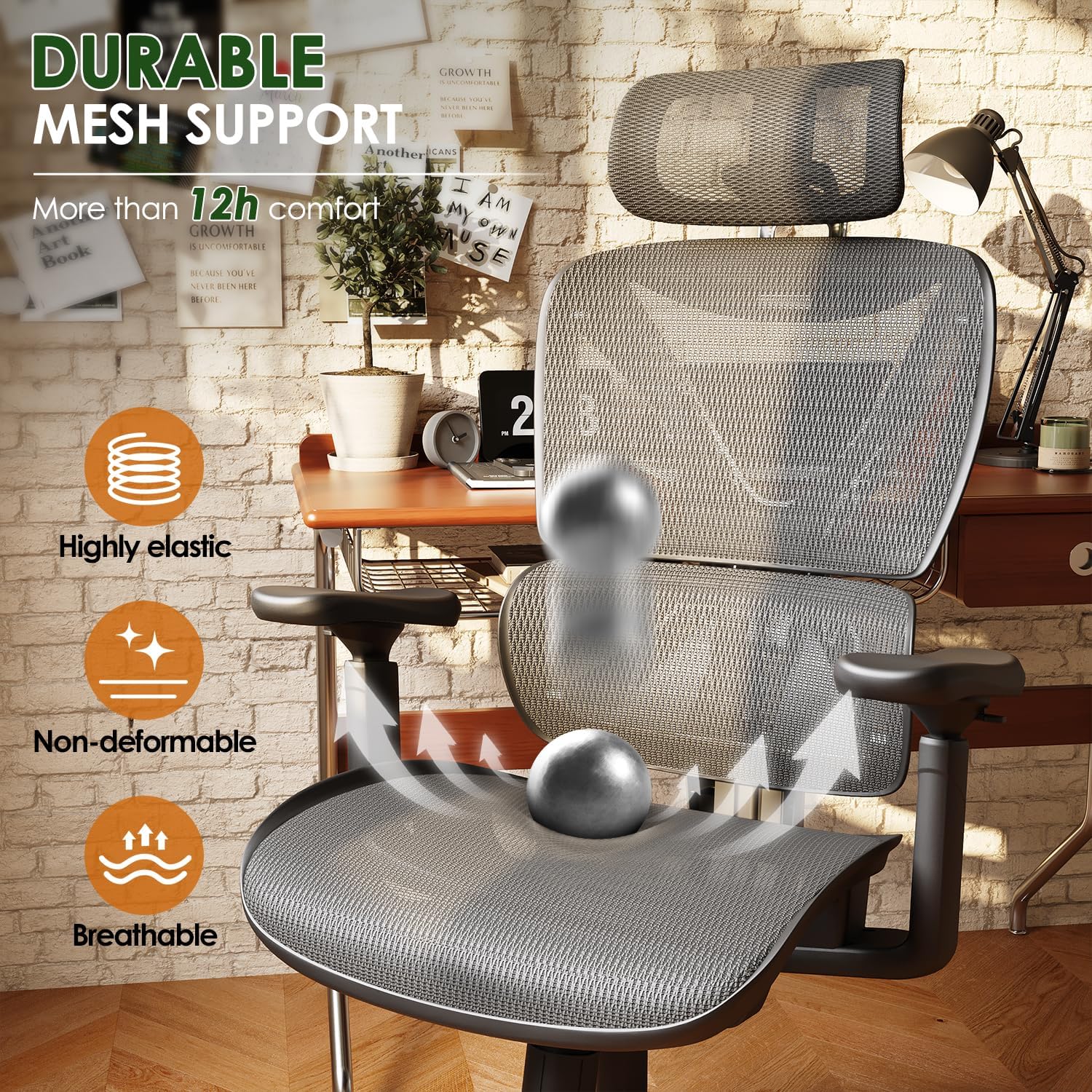 Ultimate Ergonomic Office Chair for Big and Tall - Mesh Design with Double Lumbar Support, 3D Rotating Armrests, Adjustable Headrest & Soft Cooling Seat - Supports Up to 350LBS for Work and Gaming in Grey