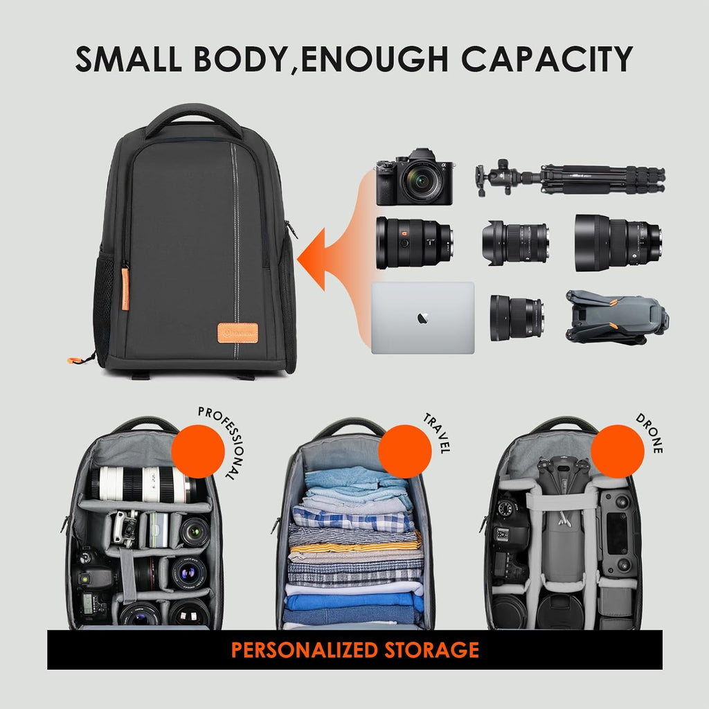 Ultimate Professional Camera Backpack for Photographers - 15.6" Laptop Compartment, Quick Side Access, Anti-Theft Pocket, Tripod Holder & Rain Cover - TB04 Black