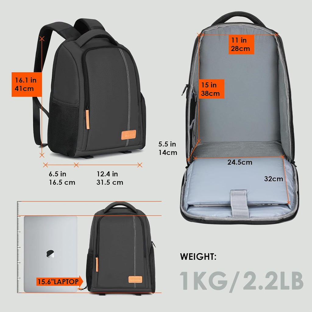Ultimate Professional Camera Backpack for Photographers - 15.6" Laptop Compartment, Quick Side Access, Anti-Theft Pocket, Tripod Holder & Rain Cover - TB04 Black