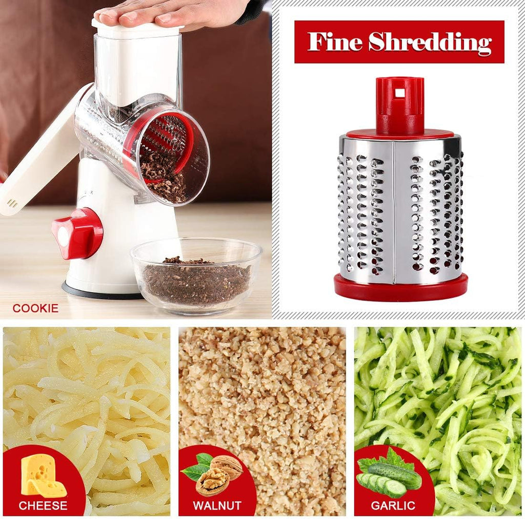 Effortless Food Prep with the Rotary Hand Crank Cheese Grater - Versatile Kitchen Shredder with 3 Blades in Stylish White and Red