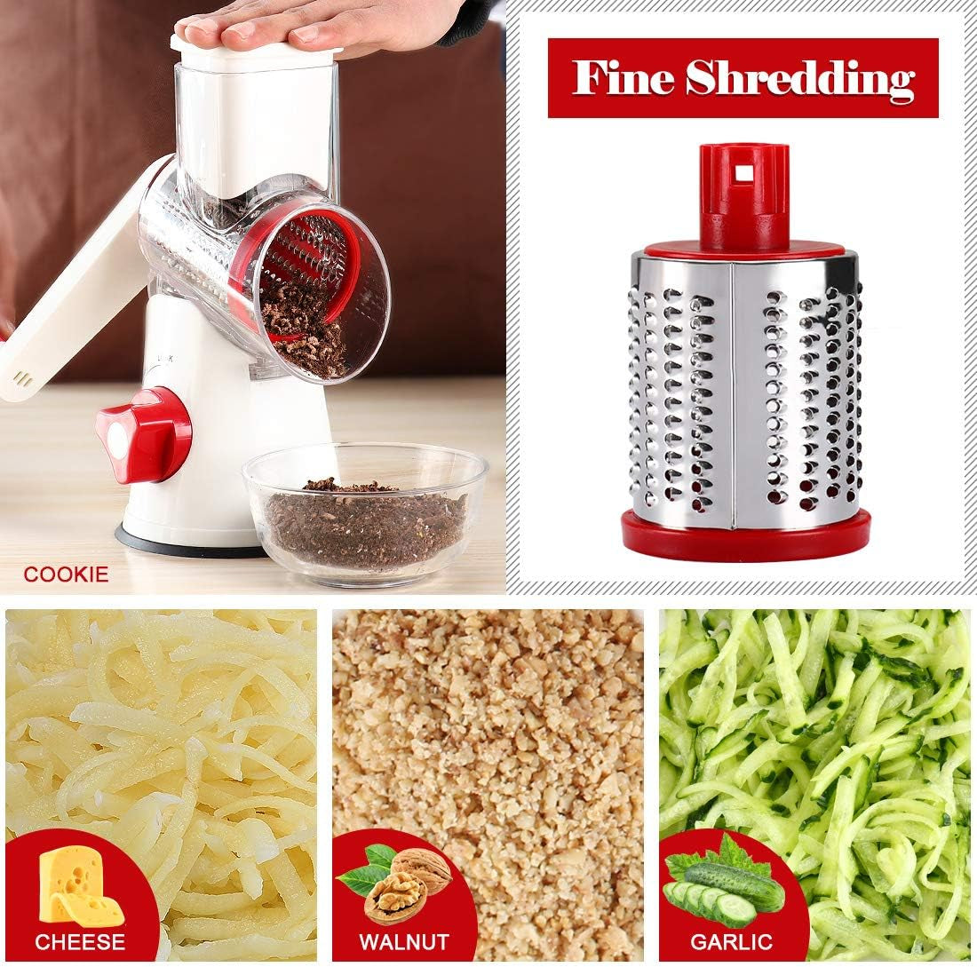 Effortless Food Prep with the Rotary Hand Crank Cheese Grater - Versatile Kitchen Shredder with 3 Blades in Stylish White and Red
