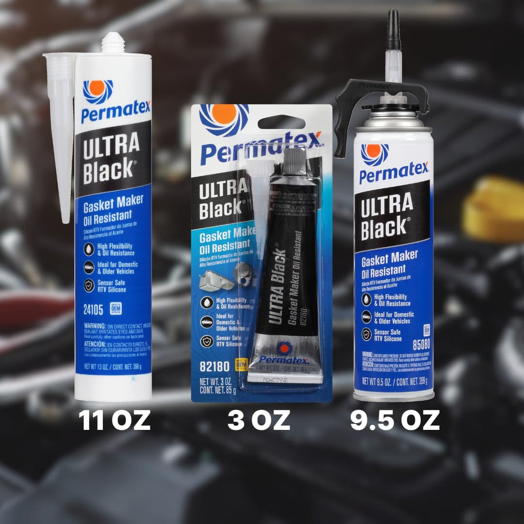 Maximize Oil Resistance with Permatex Ultra Black RTV Silicone Gasket Maker – Sensor Safe & Durable for High Flex Applications, 3 Oz