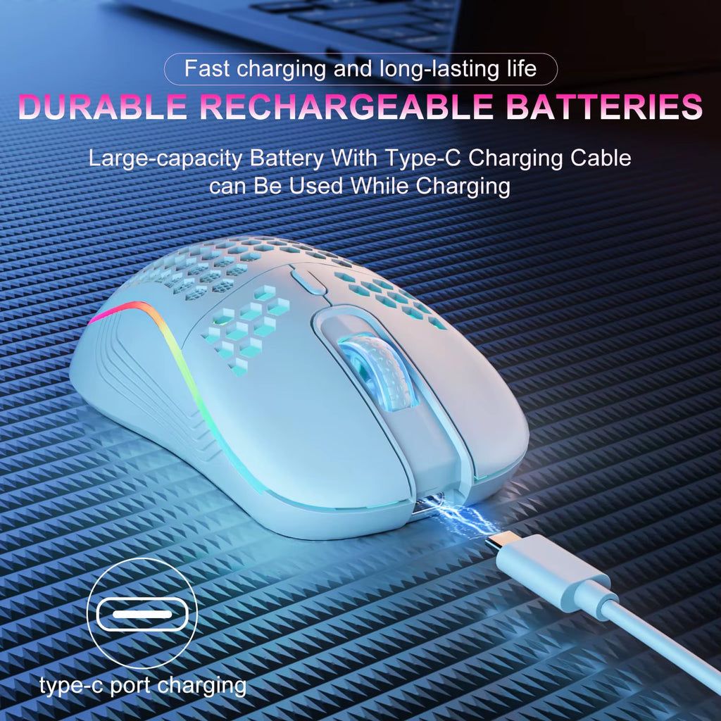 Elevate Your Gaming Experience with the 2.4GHz Wireless RGB Backlit Ergonomic Gaming Mouse - 6 Buttons, 3-Speed DPI, Type-C Rechargeable, and Stylish Honeycomb Design