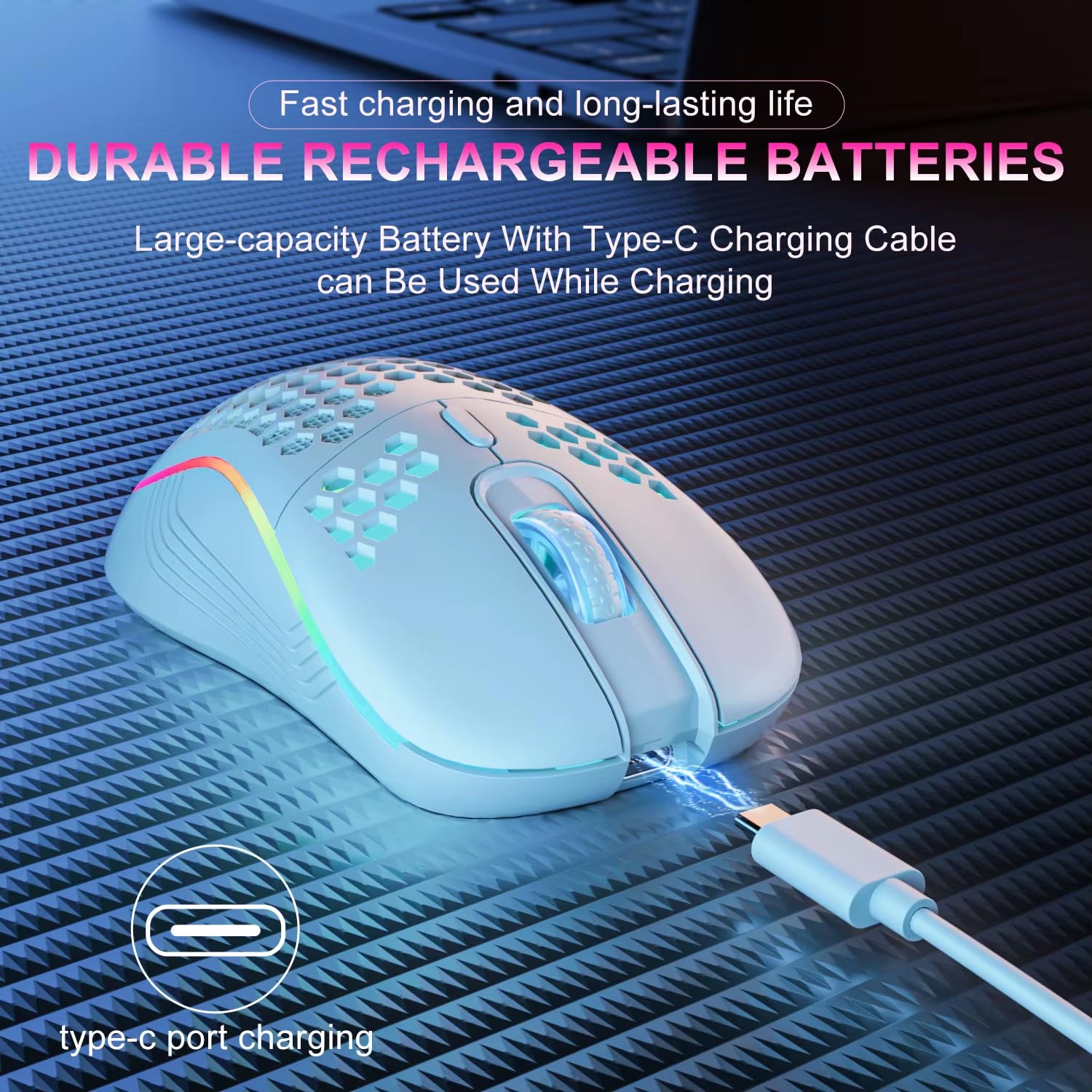 Elevate Your Gaming Experience with the 2.4GHz Wireless RGB Backlit Ergonomic Gaming Mouse - 6 Buttons, 3-Speed DPI, Type-C Rechargeable, and Stylish Honeycomb Design
