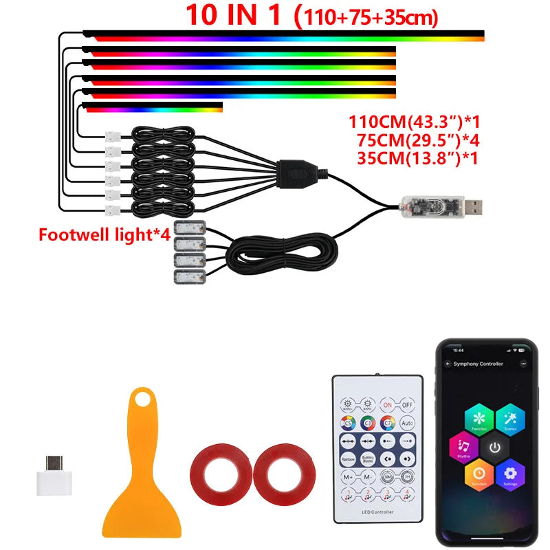Transform Your Drive: 10-in-1 RGB LED Car Ambient Light Strip with USB and App Control for a Dreamy Atmosphere