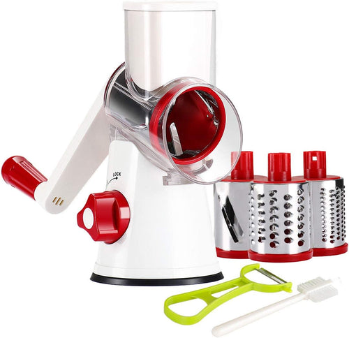 Effortless Food Prep with the Rotary Hand Crank Cheese Grater - Versatile Kitchen Shredder with 3 Blades in Stylish White and Red